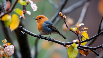  A small orange-and-blue bird perches on a tree branch, surrounded by yellow and green foliage