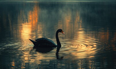 Wall Mural - Elegant black swan gliding gracefully on a misty river