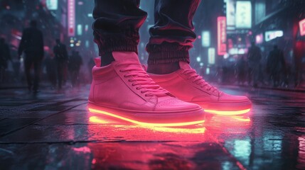 Wall Mural - Close up of pink sneakers glowing in a neon city street.