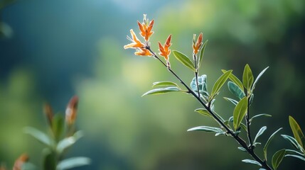 Wall Mural -  A flower in focus on a tree branch against a backdrop of softly blurred trees and bushes