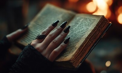 Female hands with black witchy nails, gripping a spellbook, warm firelight in the background, f/4 --ar 5:3 --v 6.1 Job ID: 5a9b349c-9977-4cd7-9ac2-4b6302b28d10