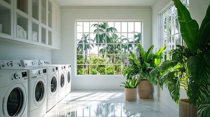 Sticker - Modern Laundry Room with Large Windows and Tropical Plants