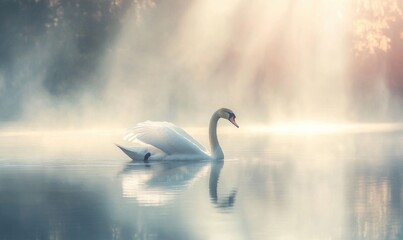 Wall Mural - Graceful white swan floating on a misty lake, soft morning light illuminating the scene