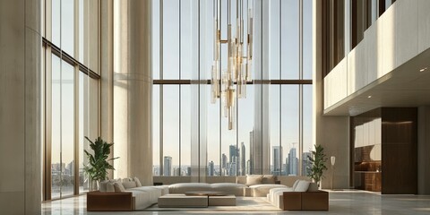 Poster - Modern living room with city views and a chandelier.