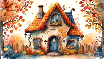 Wall Mural - Charming watercolor illustration of a whimsical fantasy house surrounded by a vibrant garden, adorned with colorful flowers and leaves in autumn and spring hues