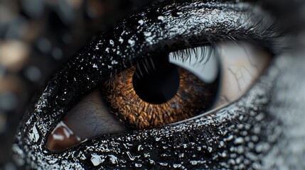 Poster -  A tight shot of an animal's eye, adorned with drops of water on its iris's outer edge