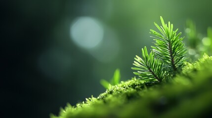 Canvas Print -  A tight shot of a tiny pine tree against a mossy foreground, framed by soft, out-of-focus light in the back