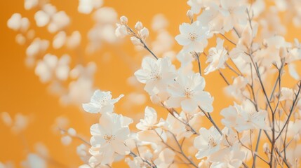 Wall Mural -  A tight shot of white flowers cluster on a branch against a sunlit yellow backdrop