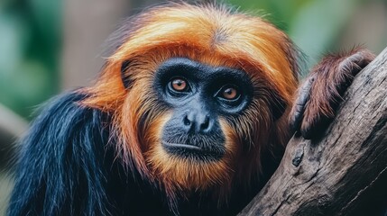 Poster -  A tight shot of a monkey with orange and black fur atop its head, perched on a tree branch