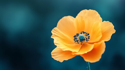  A close-up of a vibrant orange flower with a blue stigma and a dark black stamen at its core