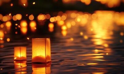 Wall Mural - Multiple floating lanterns glowing brightly on a dark river