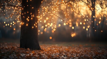 Wall Mural - Nearly leafless tree with fairy lights glowing softly