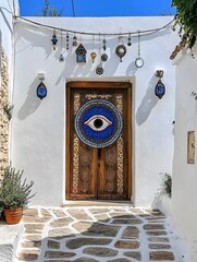 Brown Doors Adorned with Mystical Evil eye Ornaments in a White Facade.