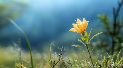  A solitary yellow bloom atop a verdant, grass-covered field against a backdrop of blue sky