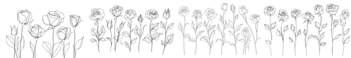 Set of one continuous line, hand drawn flowers - roses, peonies. Use as a t-shirt print, logo, cosmetic, or beauty design.