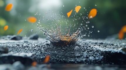  A tight shot of a wet surface, water droplets splattering off, interspersed with drifting orange leaves