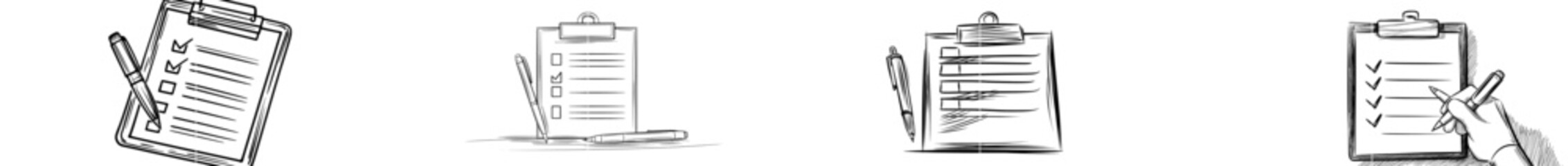 A clipboard with a checklist and a pen is illustrated in a continuous line. To do list with ticks and a concept for a test expert and exam are provided in a simple linear style. They can be edited.