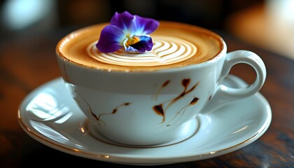 Artistic latte coffee topped with intricate designs and adorned with Chinese Violet flower, showcasing the fusion of culinary and technological creativity.