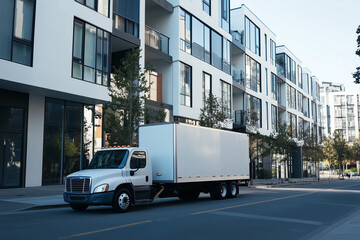 delivery truck parked in front of a modern urban building, representing logistics and last-mile deli