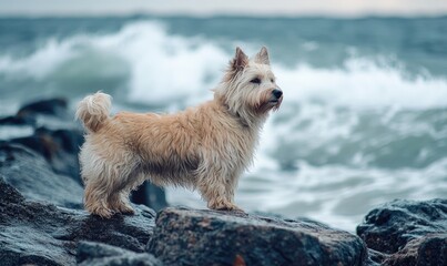 Scottish Sheepdog standing on a rocky beach, ocean waves in the background