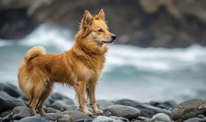 Wall Mural - Scottish Sheepdog standing on a rocky beach, ocean waves in the background