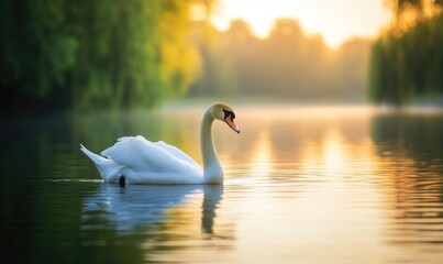 Wall Mural - Serene white swan drifting on still water, gentle reflections shimmering in the evening light