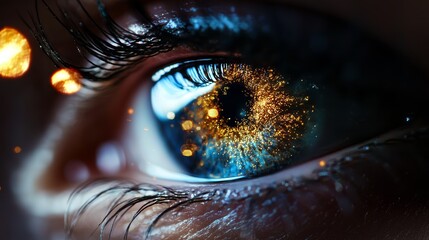 Sticker -  A tight shot of a blue eye adorned with golden sparkles at its iris core