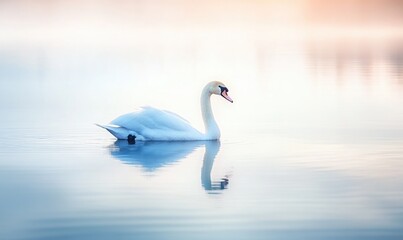 Wall Mural - Serene white swan floating on calm water, soft morning light casting golden reflections