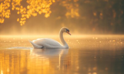 Wall Mural - Serene white swan floating on calm water, soft morning light casting golden reflections