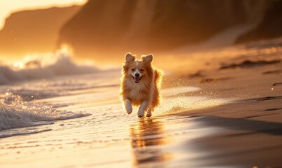 Wall Mural - Sheltie running along a beach at sunset