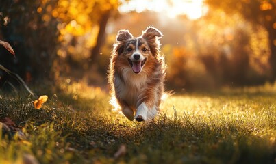 Poster - Sheltie running across a grassy field