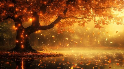 Wall Mural - Sparse autumn tree adorned with warm glowing lights