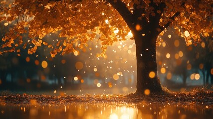 Wall Mural - Sparse autumn tree adorned with warm glowing lights