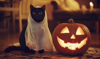 A black cat in a ghost costume