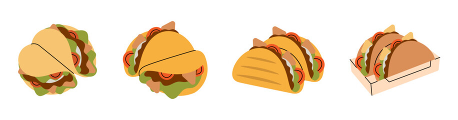 Grilled beef tacos. Tacos with meat, vegetable and tortilla. Vector illustration.