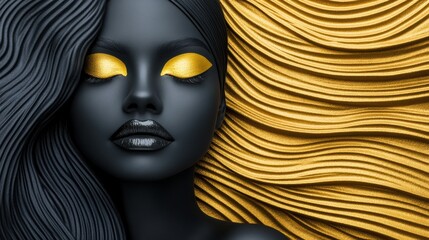 Canvas Print - A black woman with gold eyes and long hair is shown, AI