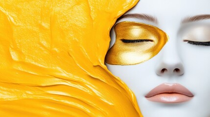 Wall Mural - A woman with gold face paint and yellow makeup on her eyes, AI