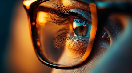 Wall Mural -  A tight shot of an eyeglass-wearing individual's eye, mirrored in the lenses