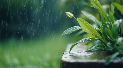  A tight shot of a plant, its leaves speckled with water droplets, surrounded by an out-of-focus backdrop of grass