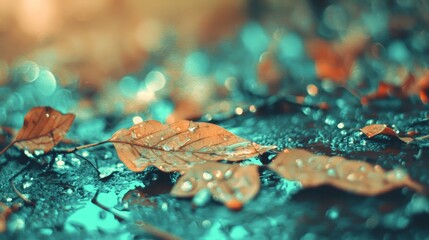 Wall Mural -  A tight shot of a wet leaf on the ground, adorned with water droplets, and sporting water beads beneath