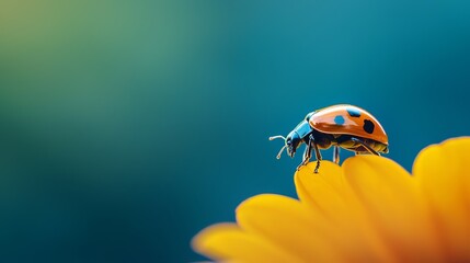  A ladybug atop a sunlit yellow flower against a blue sky background