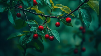 Wall Mural -  A tree branch sporting red berries against a hazy backdrop of green foliage