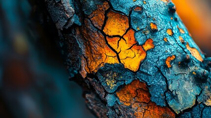  A detailed shot of a tree trunk displaying peeling bark with alternating patches of yellow and blue paint