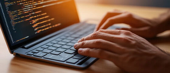 A focused developer works on website coding late into the night, showcasing hands on keyboard and dedication to programming projects.