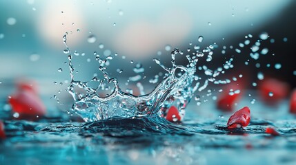 Wall Mural -  A tight shot of a water splash, red rose in the foreground, blue sky in background