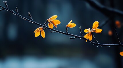 Wall Mural -  A branch adorned with yellow flowers, water droplets on its leaves, against a softly blurred background