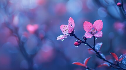 Wall Mural -  A few pink blooms atop a leafy tree branch against a backdrop of blue and pink