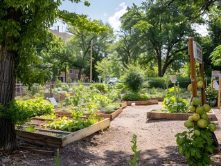 Lush Community Orchard with Educational Signage Promoting Local Agriculture and Sustainability