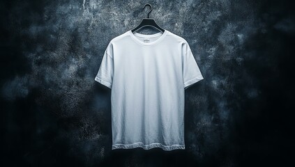 Wall Mural - White t-shirt hanging on black hanger against dark wall.