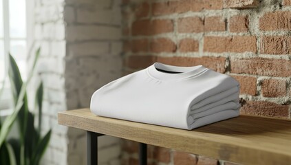 Wall Mural - White shirt folded on wooden shelf against brick wall.